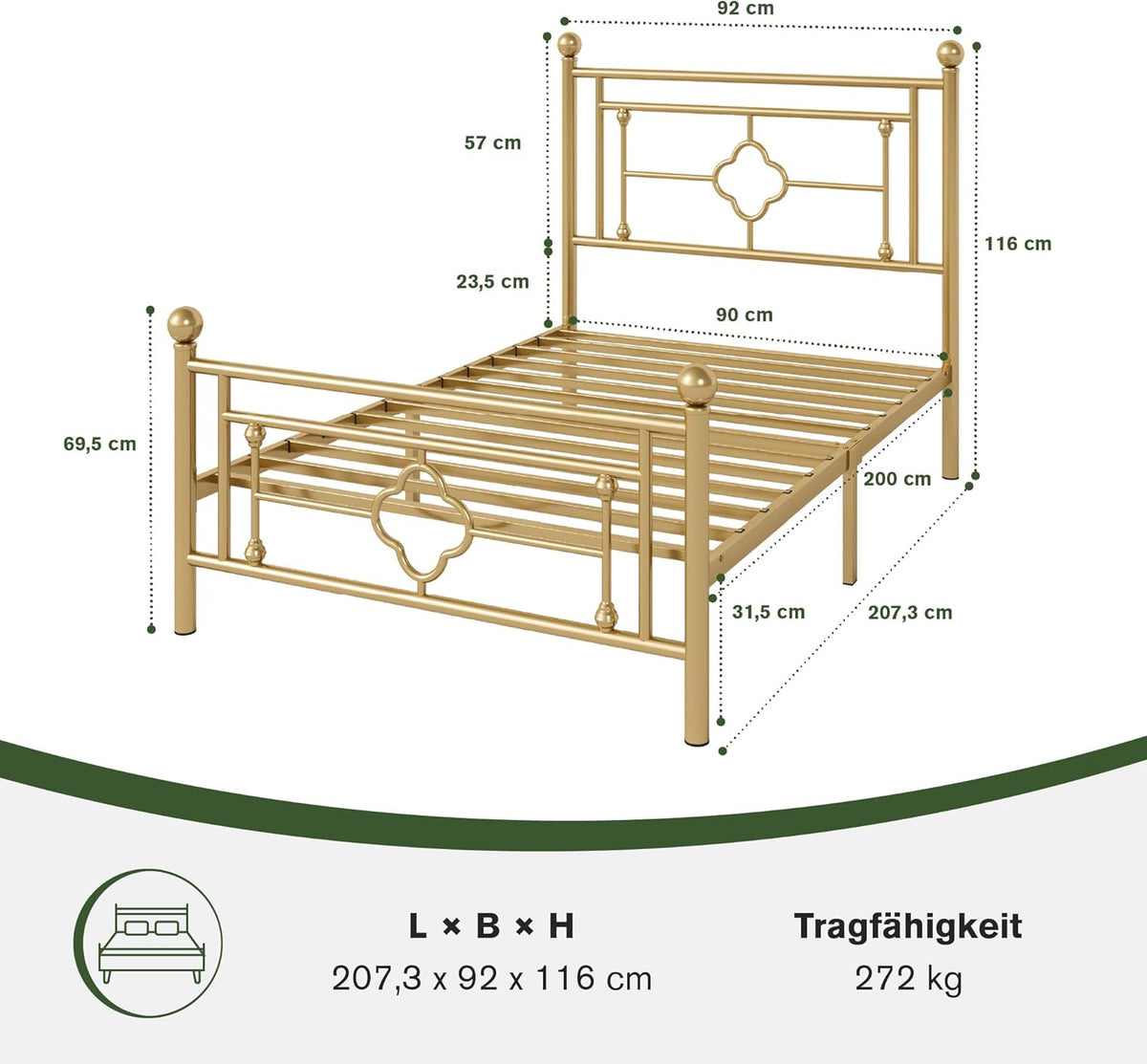 Metallbett Gold, Seitenansicht mit Lattenrost, 90 x 200 cm