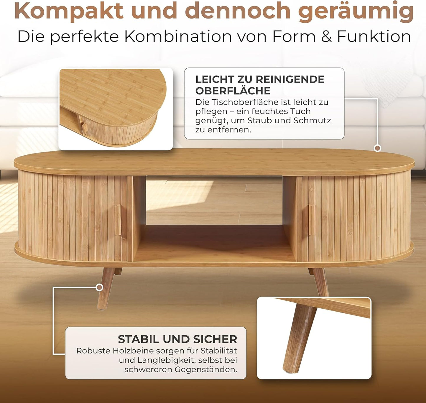 Skandi Bambus Sofatisch mit Stauraum 120 X 55 X 40 cm