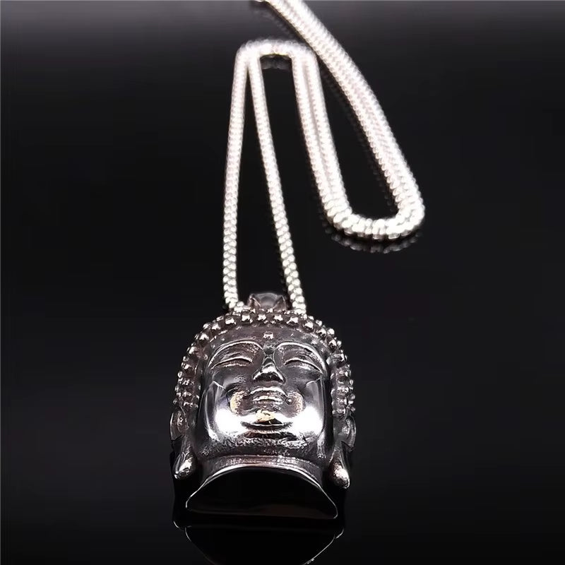 Bohemia Yoga Buddha Head Stainless Steel Necklace Women Silver Color Statement Necklaces Jewelry Collares Para Mujer NZZ64S04