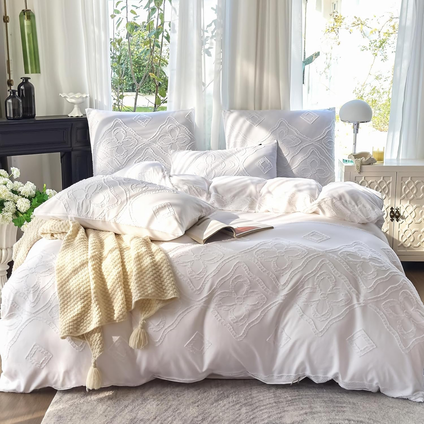 Boho Bettwäsche 135X200 2Teilig Set Weiß Getuftet Vintage Blümchen Aus Weich Bügelfreie Gebürstetem Mikrofaser - Boho Deko Winter Bettwäsche 135X200 Für Einzelbett