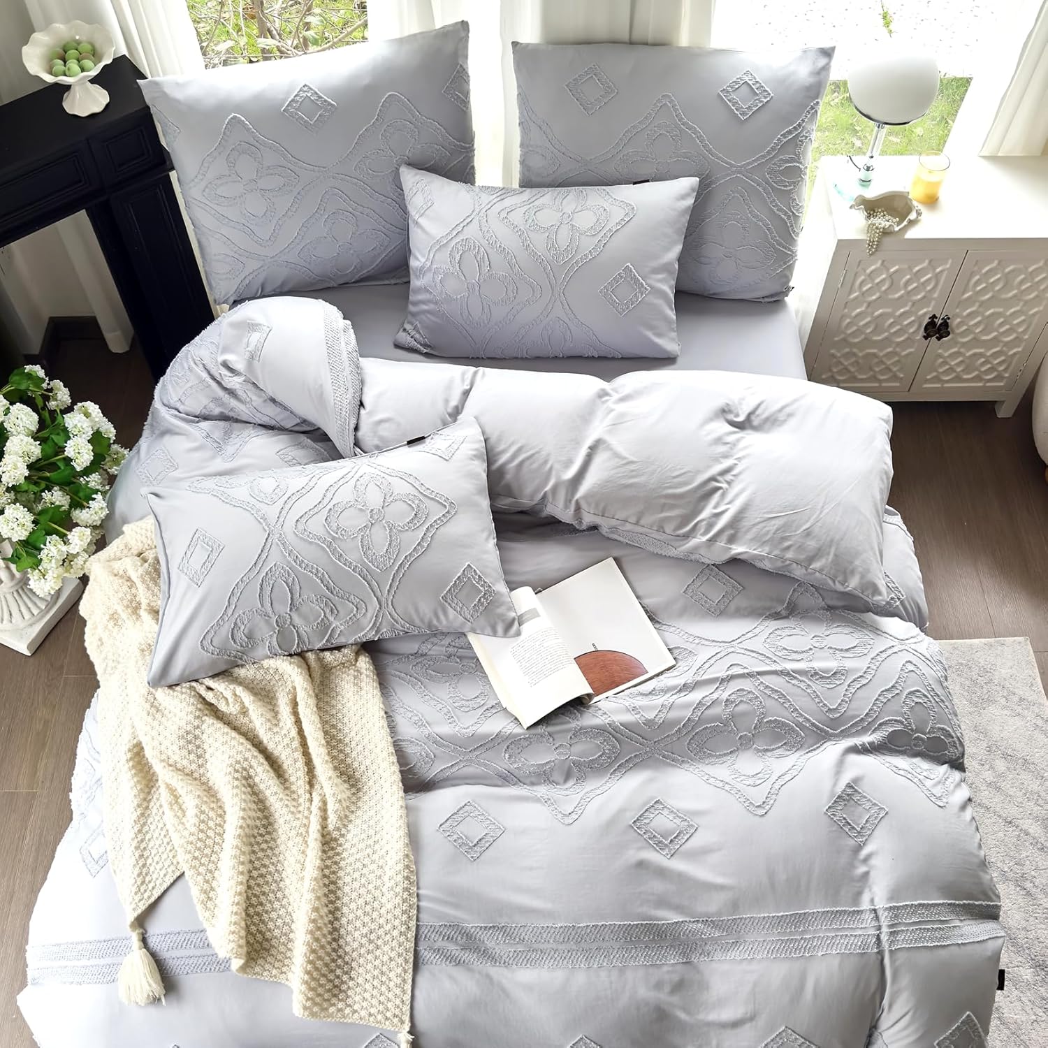 Boho Bettwäsche Set  (Hypoalergene Bettwäsche) mit Kissen Weiß / Bügelfrei  135X200 cm 