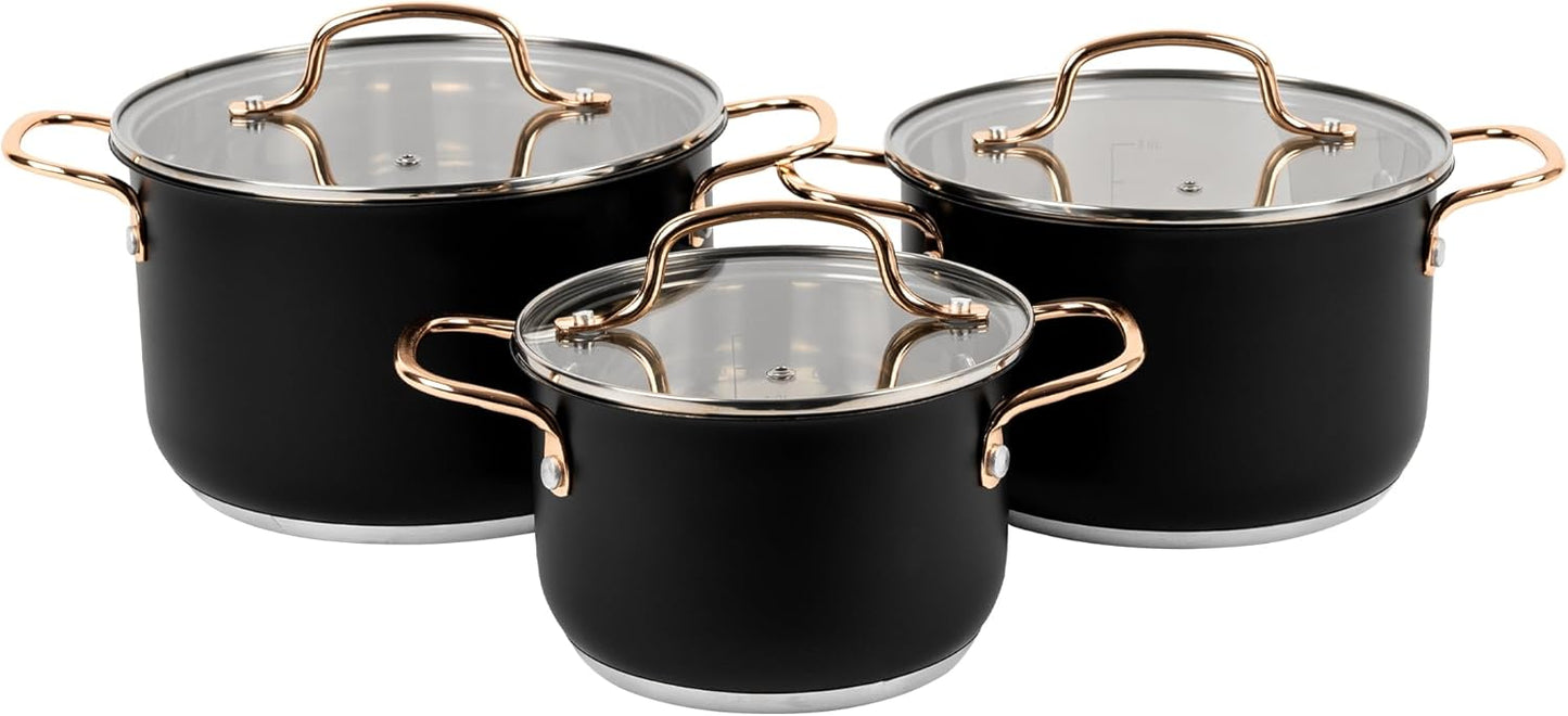 Topfset schwarz,  Edelstahl 3-Teilig für alle Herdarten.