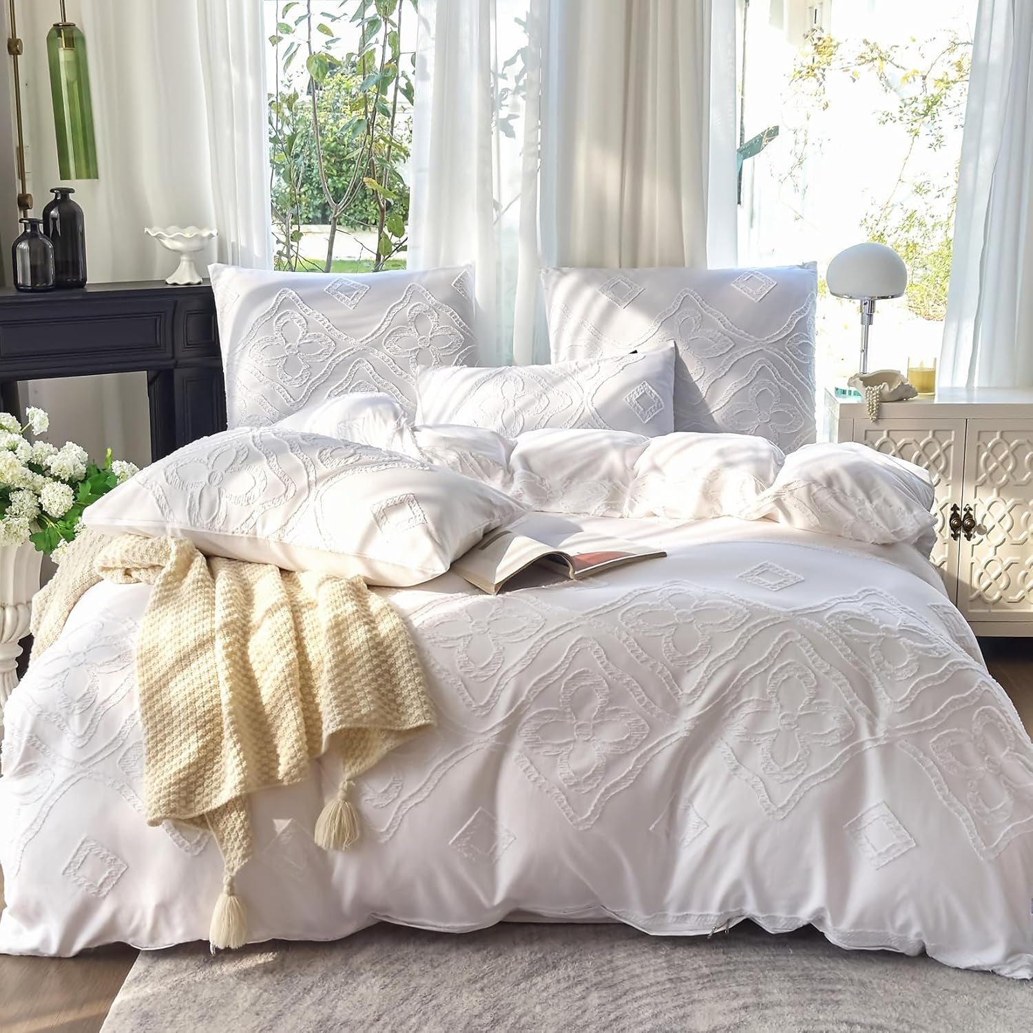 Boho Bettwäsche 135X200 2Teilig Set Weiß Getuftet Vintage Blümchen Aus Weich Bügelfreie Gebürstetem Mikrofaser - Boho Deko Winter Bettwäsche 135X200 Für Einzelbett