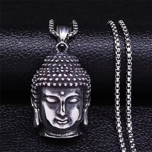 Bohemia Yoga Buddha Head Stainless Steel Necklace Women Silver Color Statement Necklaces Jewelry Collares Para Mujer NZZ64S04