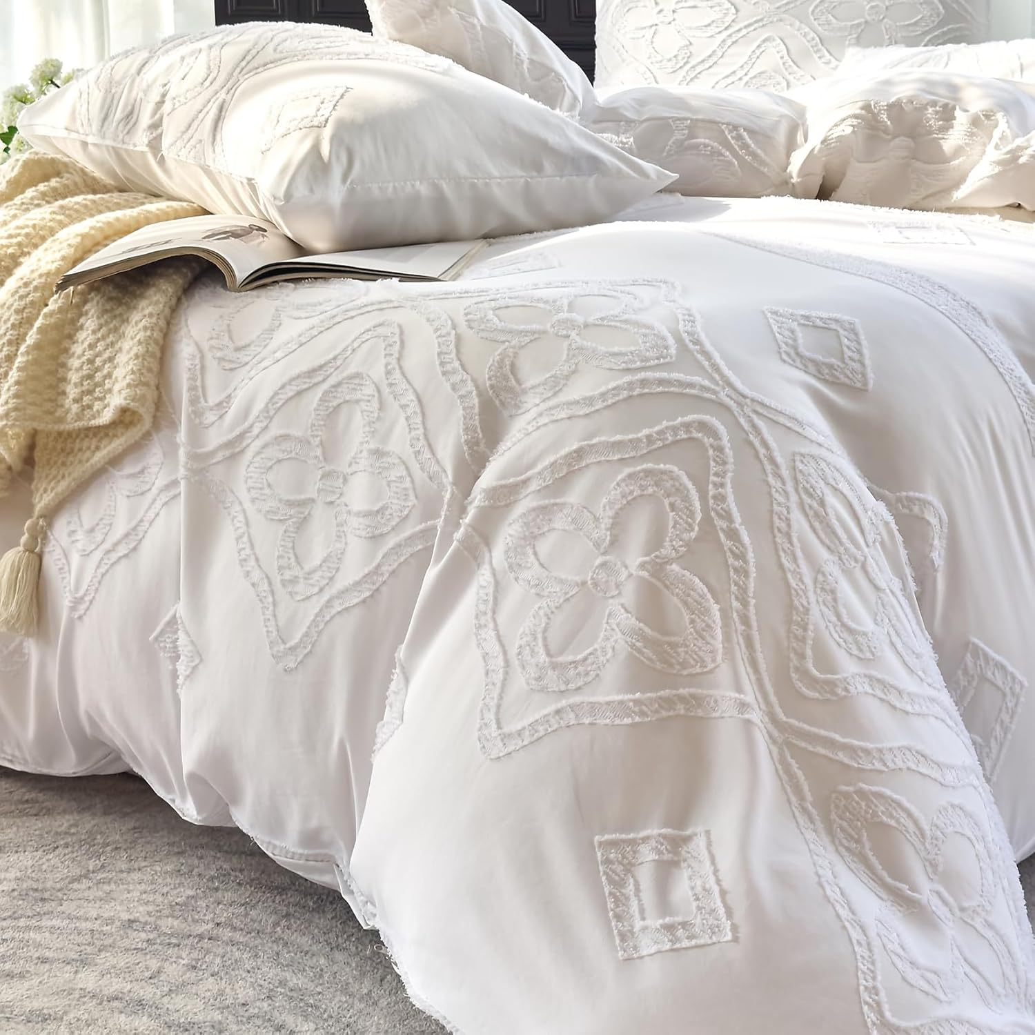 Boho Bettwäsche 135X200 2Teilig Set Weiß Getuftet Vintage Blümchen Aus Weich Bügelfreie Gebürstetem Mikrofaser - Boho Deko Winter Bettwäsche 135X200 Für Einzelbett