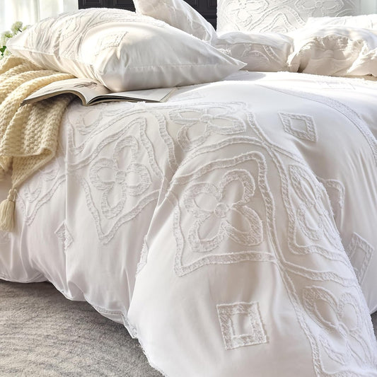 Boho Bettwäsche 135X200 2Teilig Set Weiß Getuftet Vintage Blümchen Aus Weich Bügelfreie Gebürstetem Mikrofaser - Boho Deko Winter Bettwäsche 135X200 Für Einzelbett