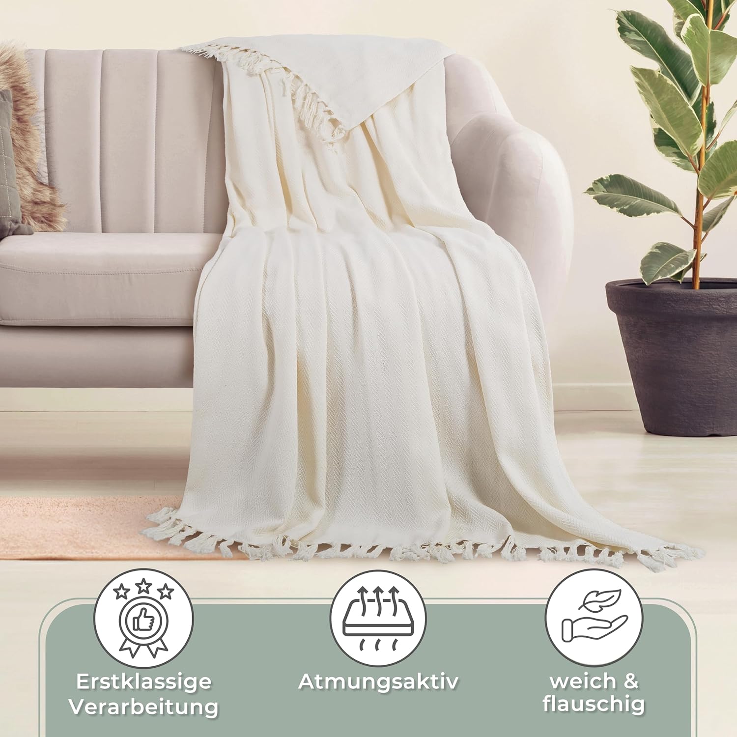  Tagesdecke mit Fransen - 100% Baumwolle - 220 X 240 cm XXL - Fischgrätenmuster (Creme)