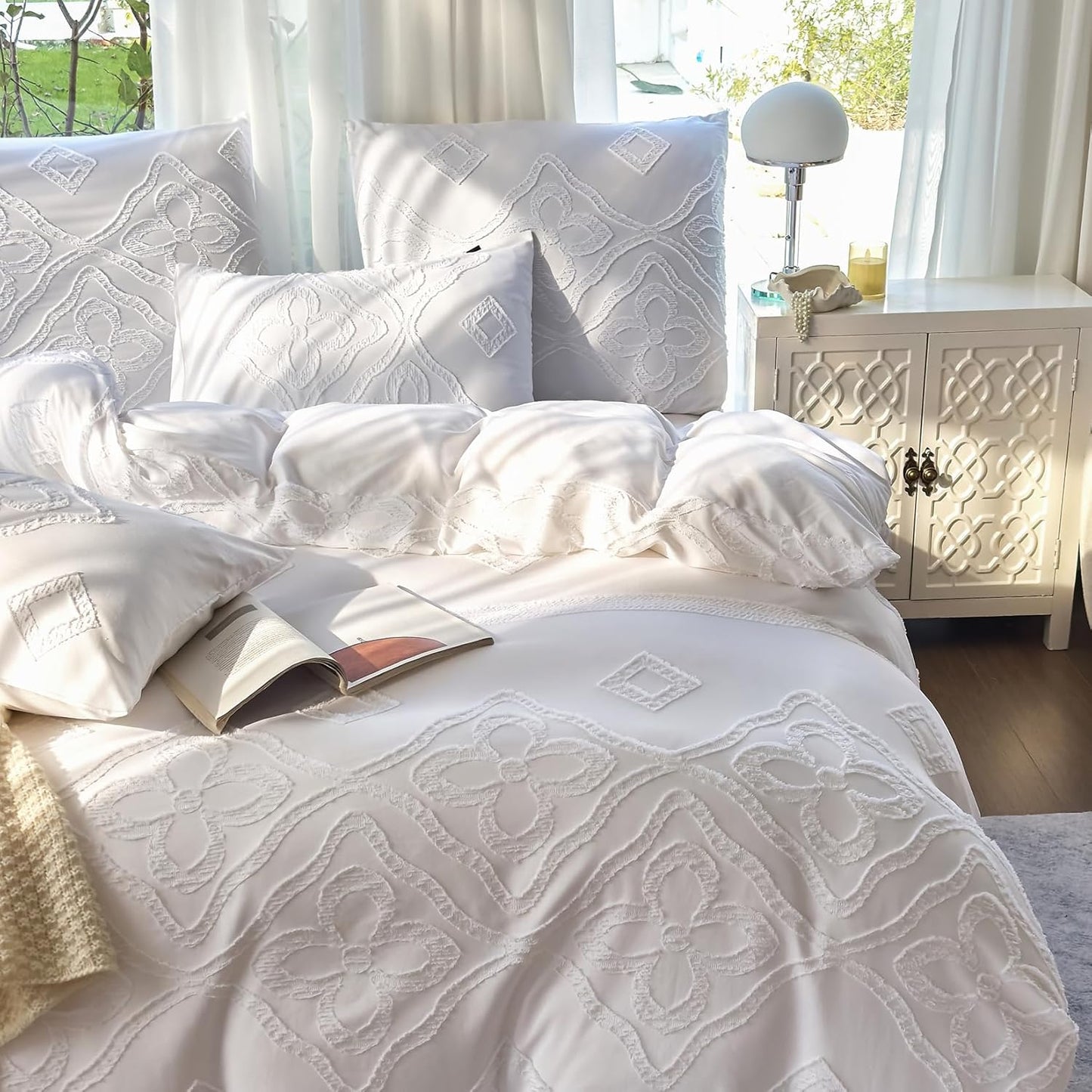 Boho Bettwäsche 135X200 2Teilig Set Weiß Getuftet Vintage Blümchen Aus Weich Bügelfreie Gebürstetem Mikrofaser - Boho Deko Winter Bettwäsche 135X200 Für Einzelbett