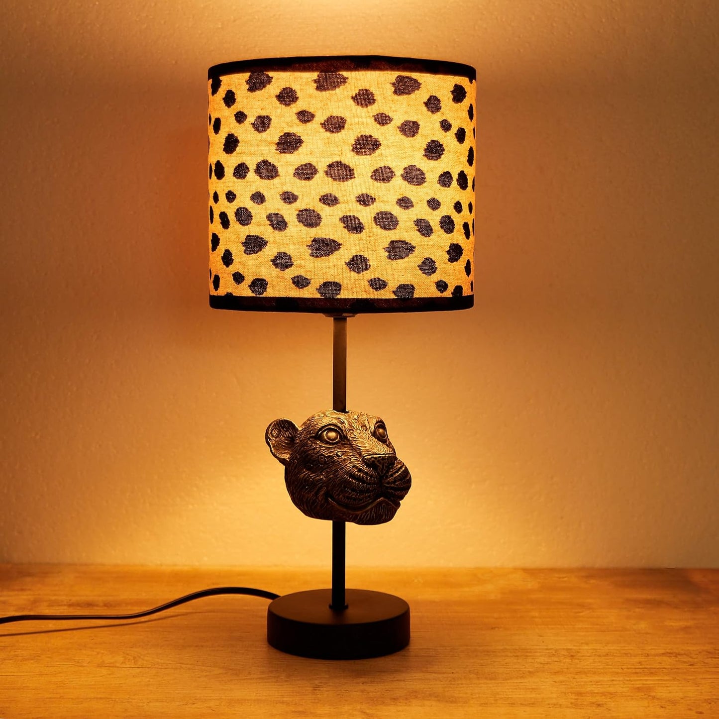  Nachttischlampe Leopard - Tischleuchte Mit  Fuß Und Stoffschirm - 40 Cm Höhe, Schwarz Beige Gepunktet