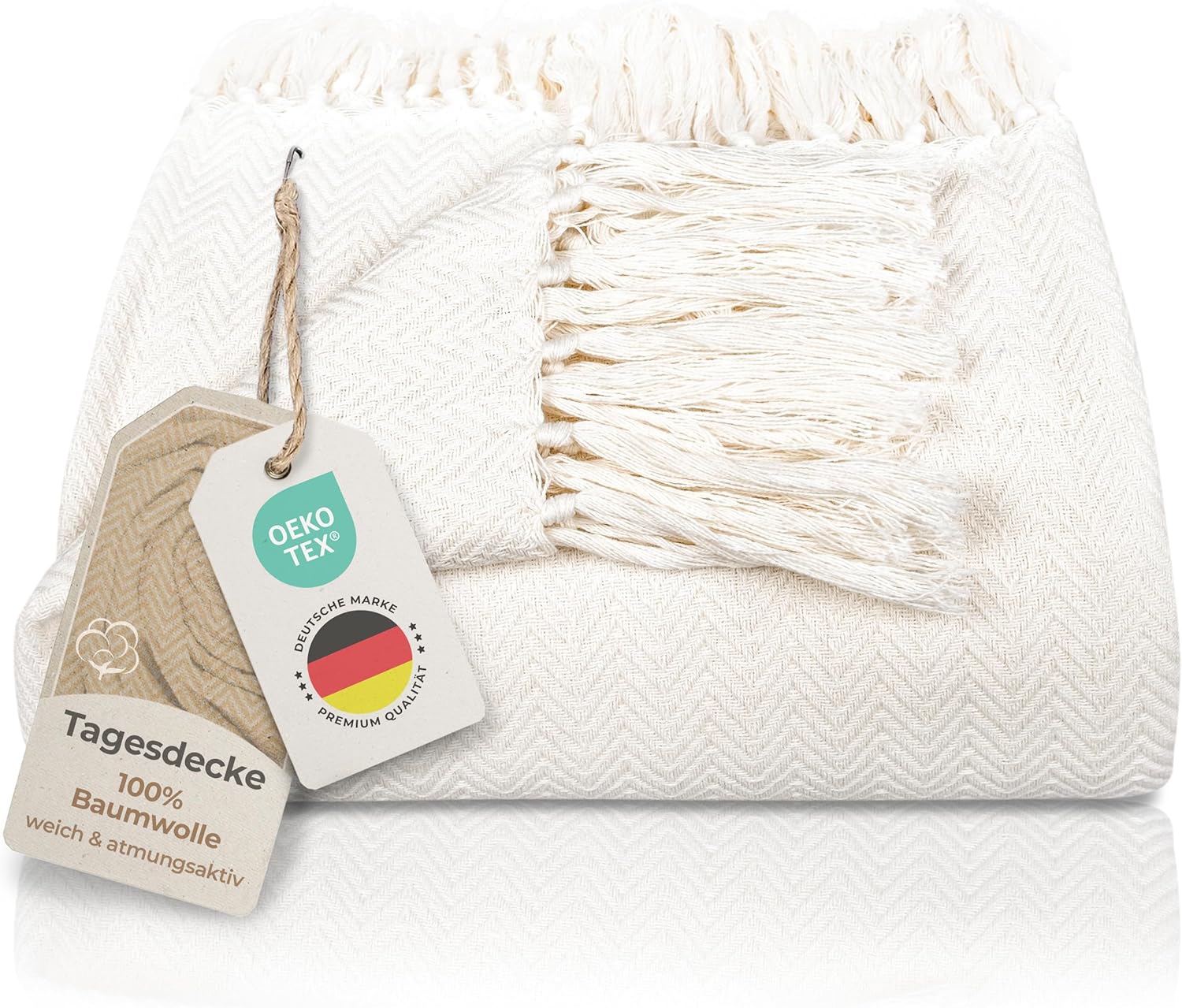  Tagesdecke mit Fransen - 100% Baumwolle - 220 X 240 cm XXL - Fischgrätenmuster (Creme)