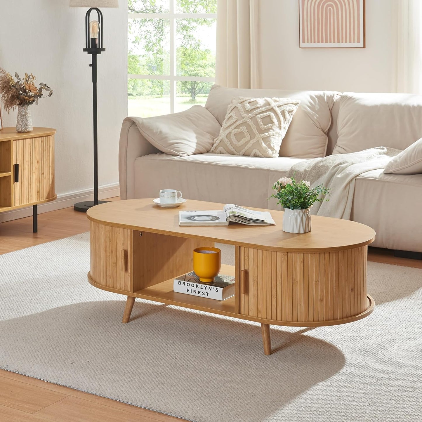 Skandi  Bambus Sofatisch mit Stauraum  120 X 55 X 40 cm
