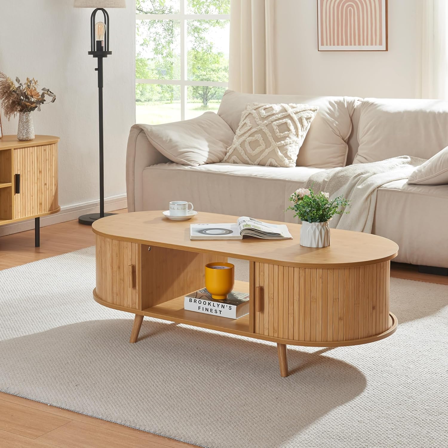 Skandi  Bambus Sofatisch mit Stauraum  120 X 55 X 40 cm
