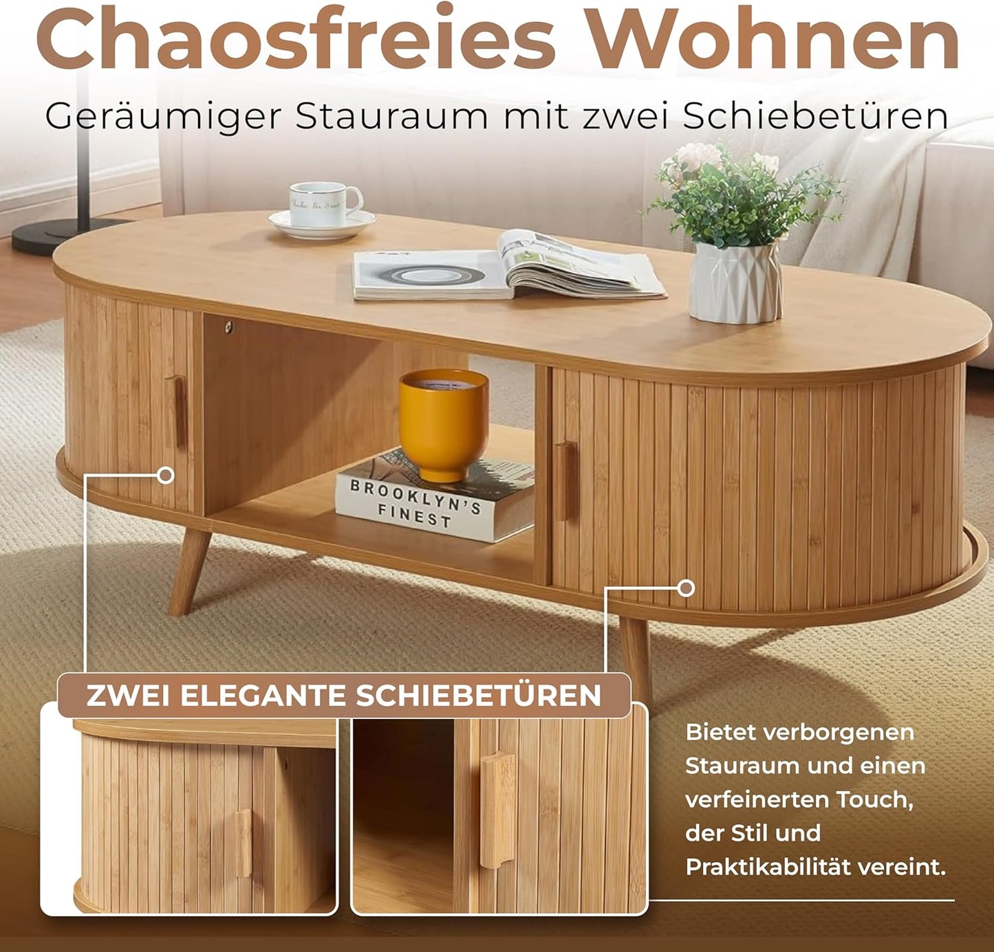 Skandi  Bambus Sofatisch mit Stauraum  120 X 55 X 40 cm