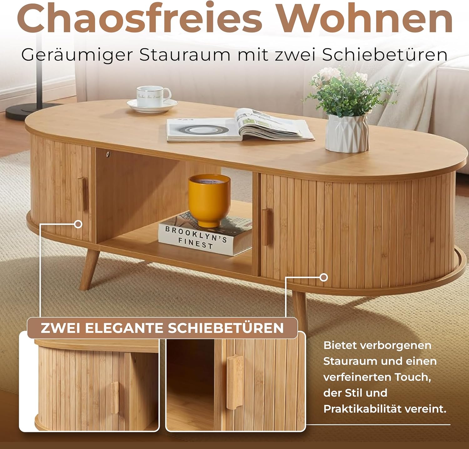 Skandi  Bambus Sofatisch mit Stauraum  120 X 55 X 40 cm