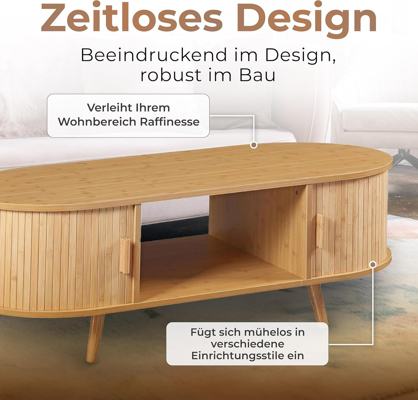 Skandi  Bambus Sofatisch mit Stauraum  120 X 55 X 40 cm