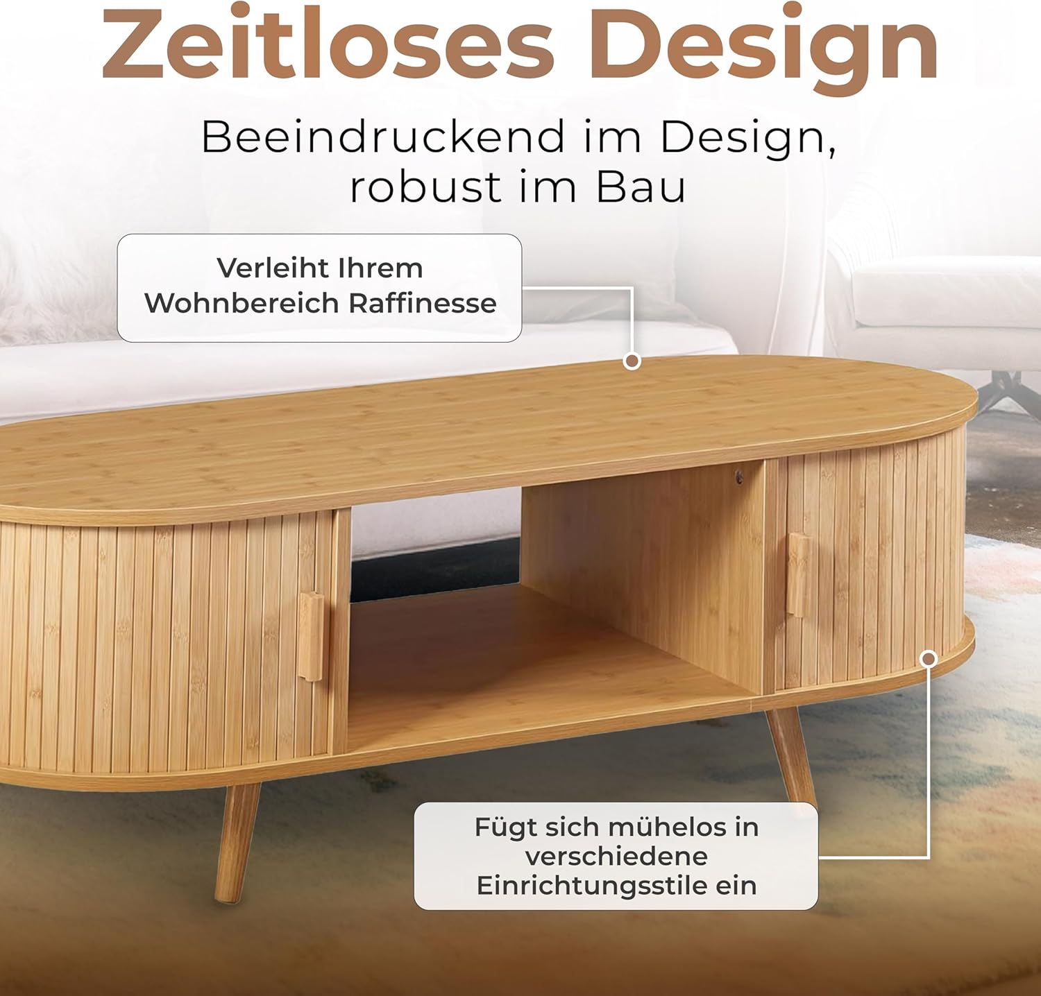 Skandi  Bambus Sofatisch mit Stauraum  120 X 55 X 40 cm