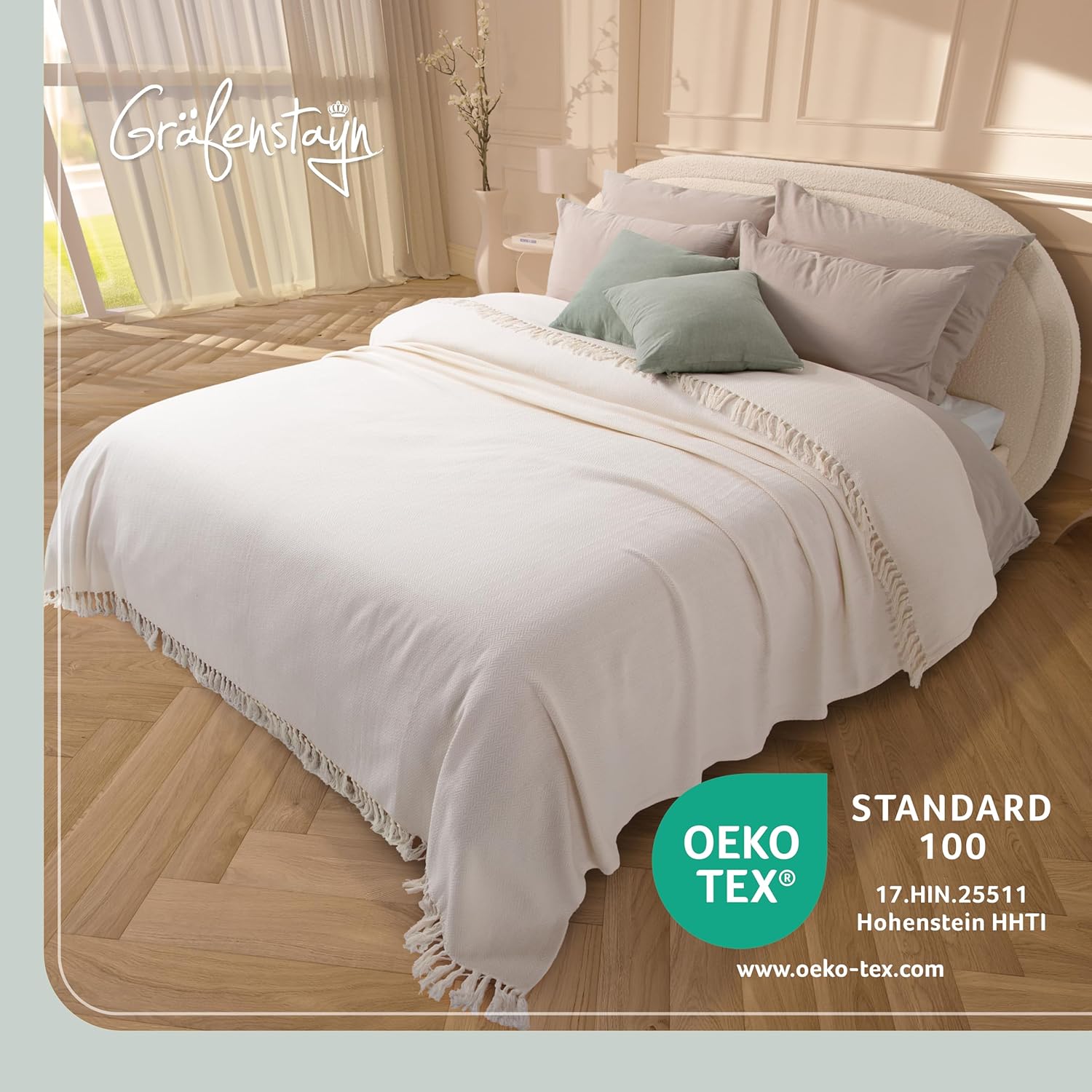  Tagesdecke mit Fransen - 100% Baumwolle - 220 X 240 cm XXL - Fischgrätenmuster (Creme)