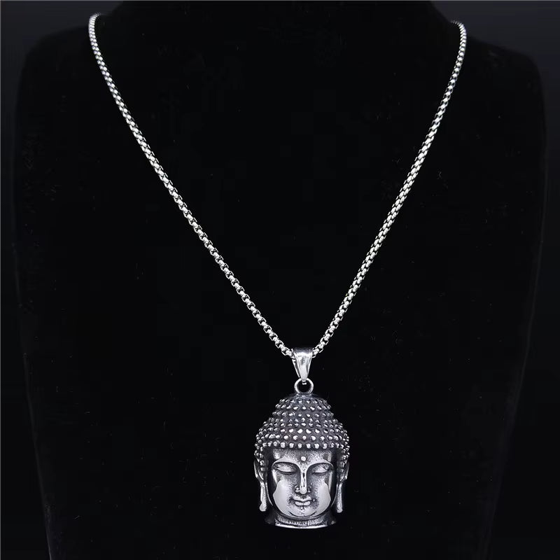 Bohemia Yoga Buddha Head Stainless Steel Necklace Women Silver Color Statement Necklaces Jewelry Collares Para Mujer NZZ64S04