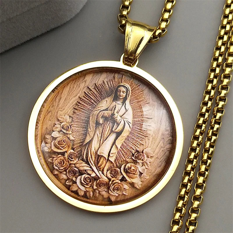 Stainless Steel Catholic Virgin Mary Glass Medal Necklace Gold Silver Color Our Lady of Guadalupe Aumlet Necklaces Jewelry