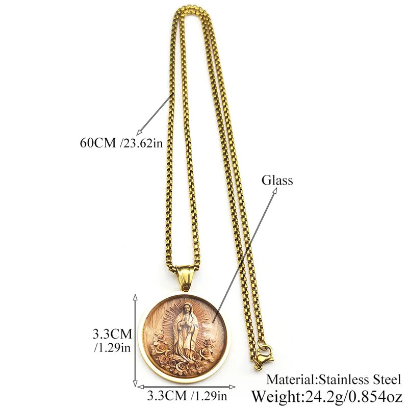 Stainless Steel Catholic Virgin Mary Glass Medal Necklace Gold Silver Color Our Lady of Guadalupe Aumlet Necklaces Jewelry