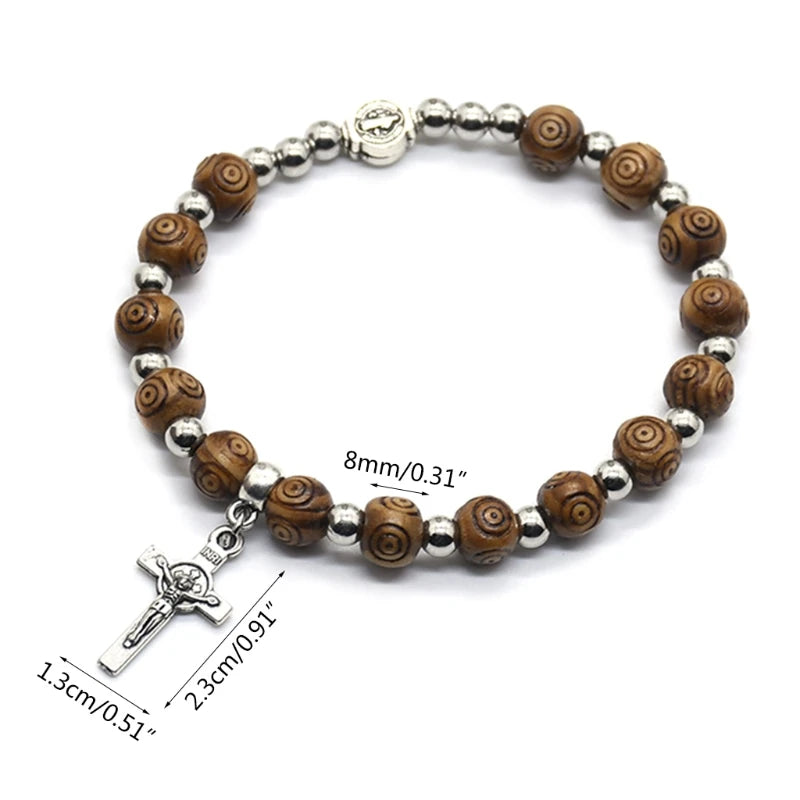 8Mm Wood Beads Rosary Bracelet Vintage Jesus Christ Crucifix for Cross Wristband Chain Bracelets Men Unisex Jewelry Charm Gift
