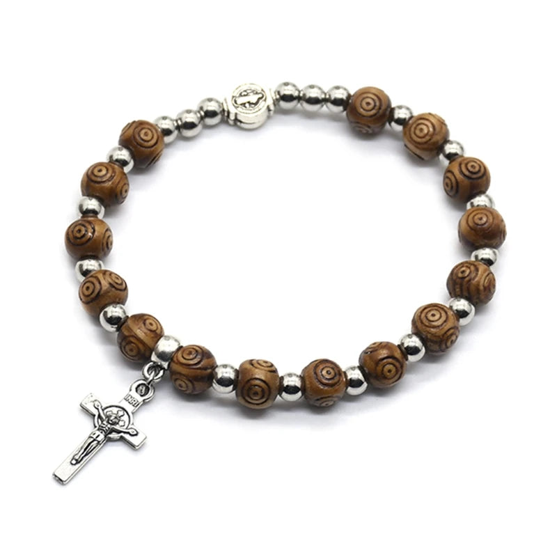 8Mm Wood Beads Rosary Bracelet Vintage Jesus Christ Crucifix for Cross Wristband Chain Bracelets Men Unisex Jewelry Charm Gift