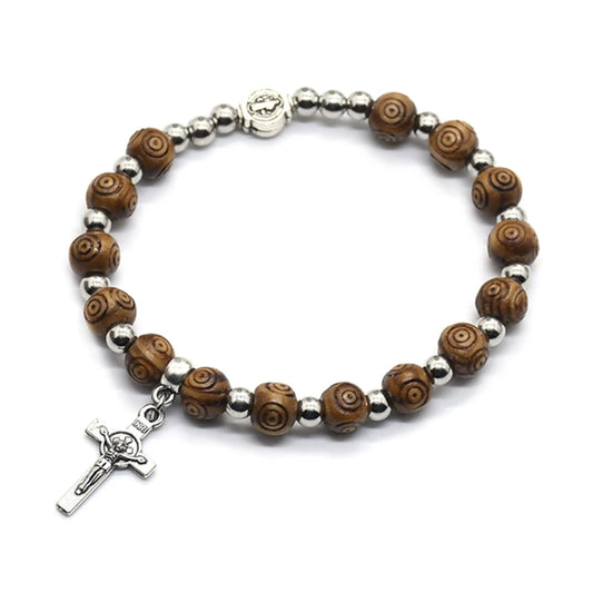 8Mm Wood Beads Rosary Bracelet Vintage Jesus Christ Crucifix for Cross Wristband Chain Bracelets Men Unisex Jewelry Charm Gift