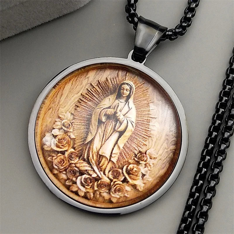 Stainless Steel Catholic Virgin Mary Glass Medal Necklace Gold Silver Color Our Lady of Guadalupe Aumlet Necklaces Jewelry