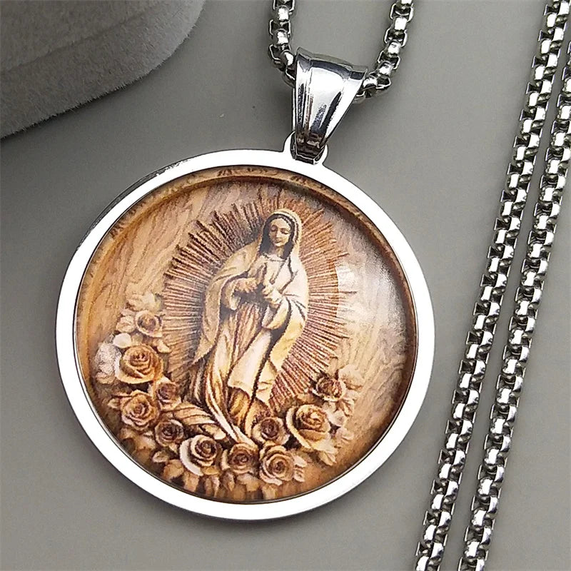 Stainless Steel Catholic Virgin Mary Glass Medal Necklace Gold Silver Color Our Lady of Guadalupe Aumlet Necklaces Jewelry